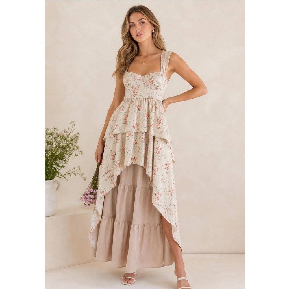 WeWoreWhat Floral Bustier Tiered High-Low Maxi Dress Beige Pink Womens Size 0